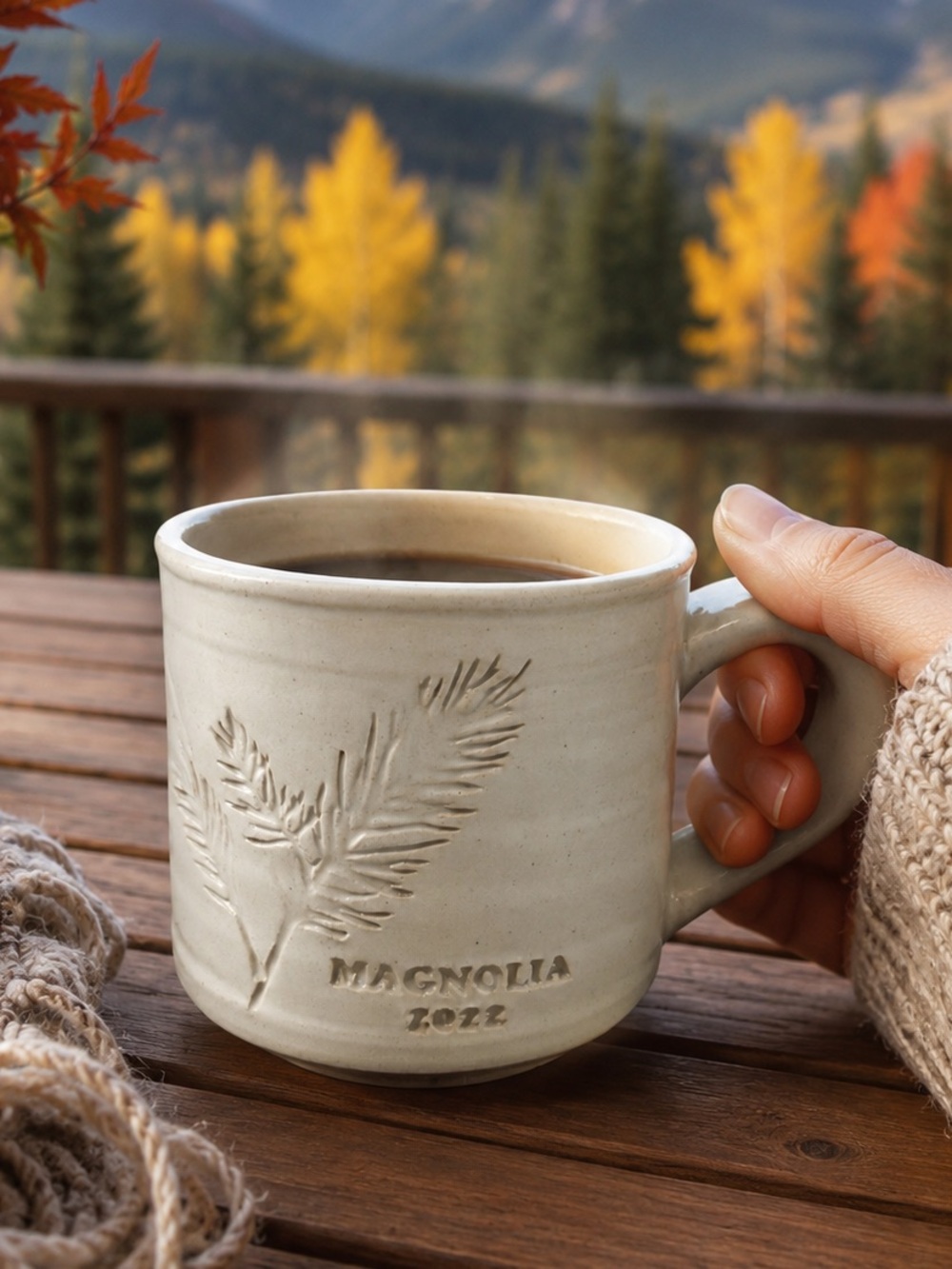 Magnolia Cream Ceramic Stoneware Mug by Black Oak Art, Embossed Pine Leaf, 2022